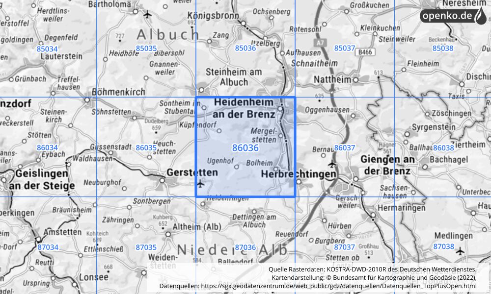 Übersichtskarte KOSTRA-DWD-2010R Rasterfeld Nr. 86036 mit angrenzenden Feldern