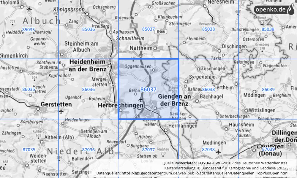 Übersichtskarte KOSTRA-DWD-2010R Rasterfeld Nr. 86037 mit angrenzenden Feldern