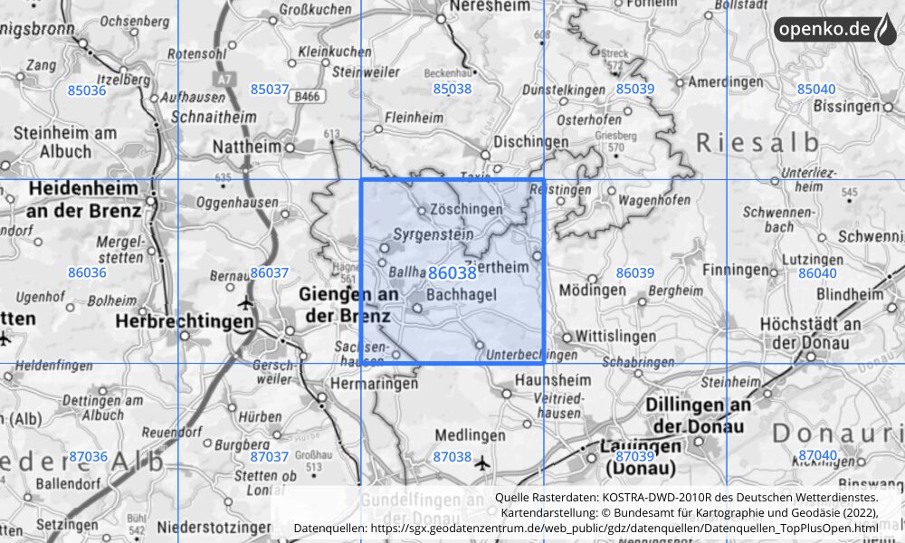 Übersichtskarte KOSTRA-DWD-2010R Rasterfeld Nr. 86038 mit angrenzenden Feldern