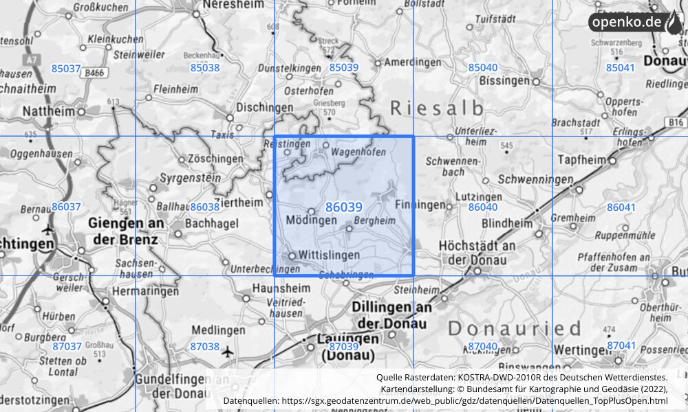 Übersichtskarte KOSTRA-DWD-2010R Rasterfeld Nr. 86039 mit angrenzenden Feldern