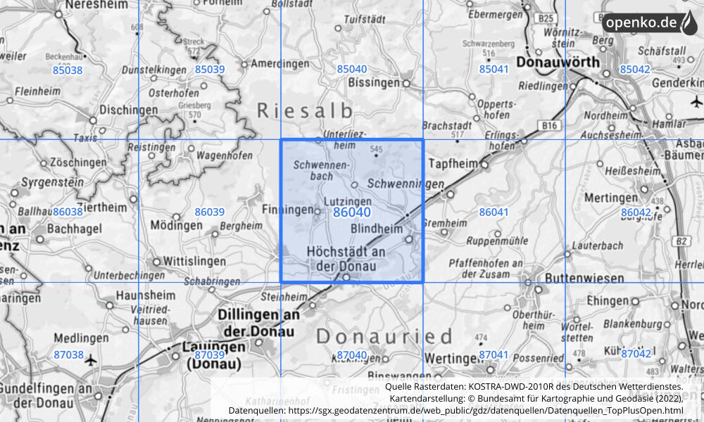 Übersichtskarte KOSTRA-DWD-2010R Rasterfeld Nr. 86040 mit angrenzenden Feldern