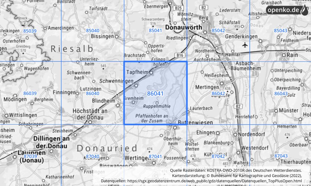 Übersichtskarte KOSTRA-DWD-2010R Rasterfeld Nr. 86041 mit angrenzenden Feldern