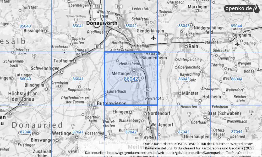 Übersichtskarte KOSTRA-DWD-2010R Rasterfeld Nr. 86042 mit angrenzenden Feldern