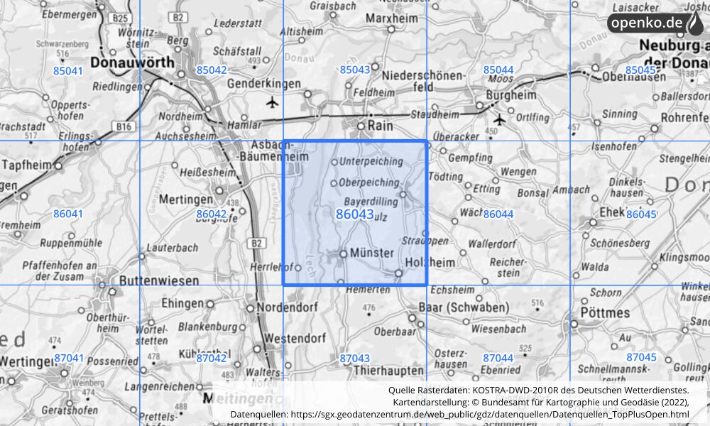 Übersichtskarte KOSTRA-DWD-2010R Rasterfeld Nr. 86043 mit angrenzenden Feldern