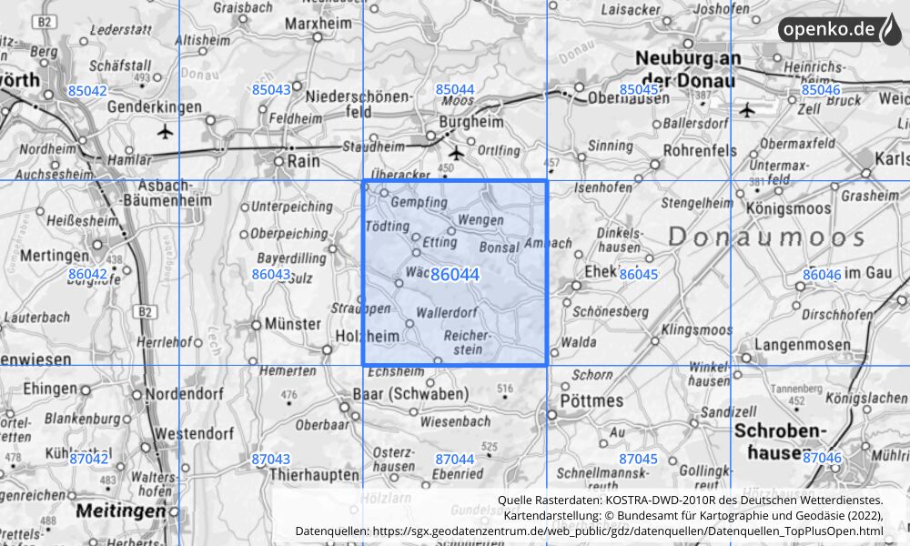 Übersichtskarte KOSTRA-DWD-2010R Rasterfeld Nr. 86044 mit angrenzenden Feldern