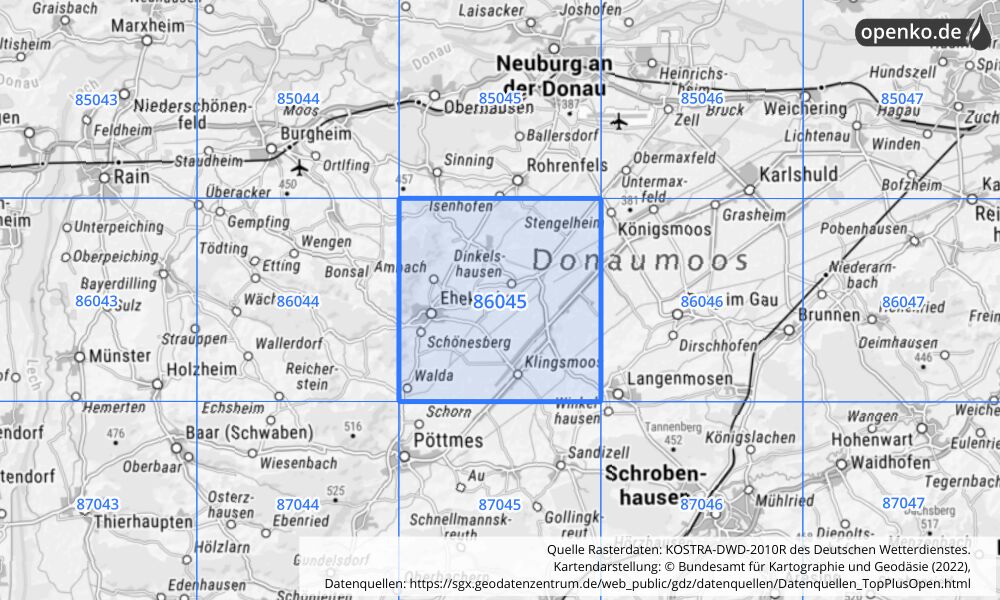 Übersichtskarte KOSTRA-DWD-2010R Rasterfeld Nr. 86045 mit angrenzenden Feldern