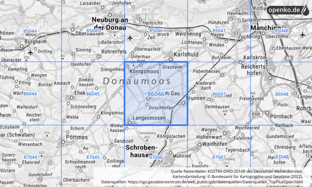 Übersichtskarte KOSTRA-DWD-2010R Rasterfeld Nr. 86046 mit angrenzenden Feldern