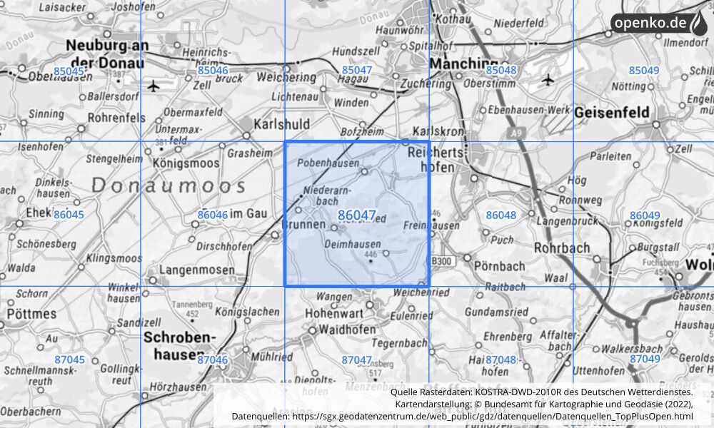 Übersichtskarte KOSTRA-DWD-2010R Rasterfeld Nr. 86047 mit angrenzenden Feldern