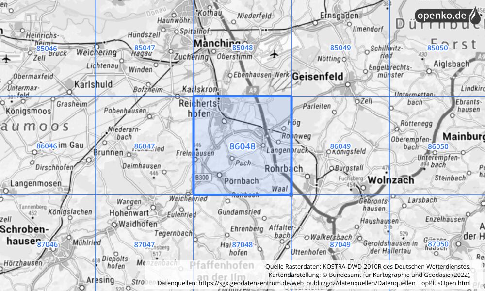 Übersichtskarte KOSTRA-DWD-2010R Rasterfeld Nr. 86048 mit angrenzenden Feldern