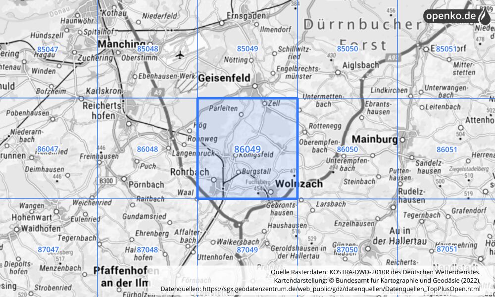 Übersichtskarte KOSTRA-DWD-2010R Rasterfeld Nr. 86049 mit angrenzenden Feldern