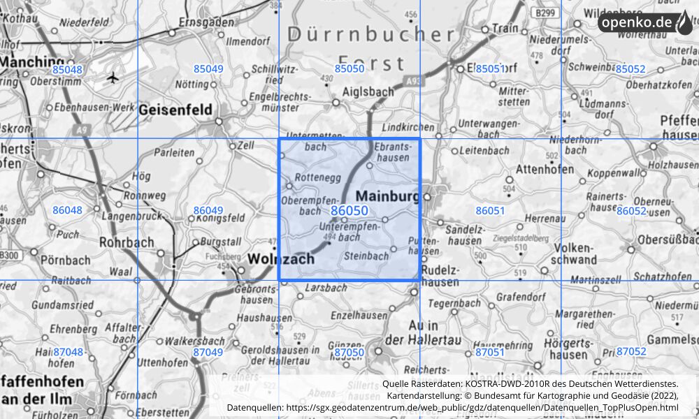 Übersichtskarte KOSTRA-DWD-2010R Rasterfeld Nr. 86050 mit angrenzenden Feldern