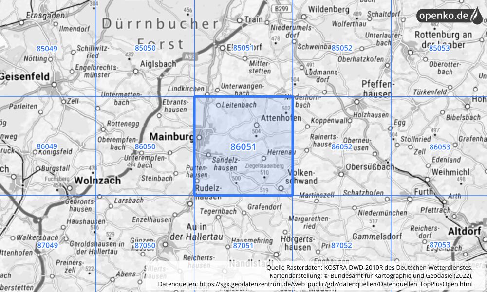 Übersichtskarte KOSTRA-DWD-2010R Rasterfeld Nr. 86051 mit angrenzenden Feldern