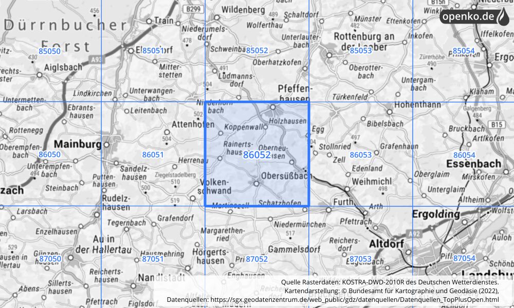 Übersichtskarte KOSTRA-DWD-2010R Rasterfeld Nr. 86052 mit angrenzenden Feldern