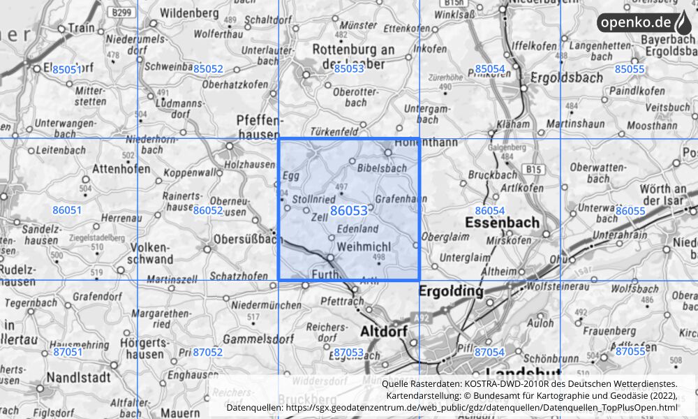 Übersichtskarte KOSTRA-DWD-2010R Rasterfeld Nr. 86053 mit angrenzenden Feldern