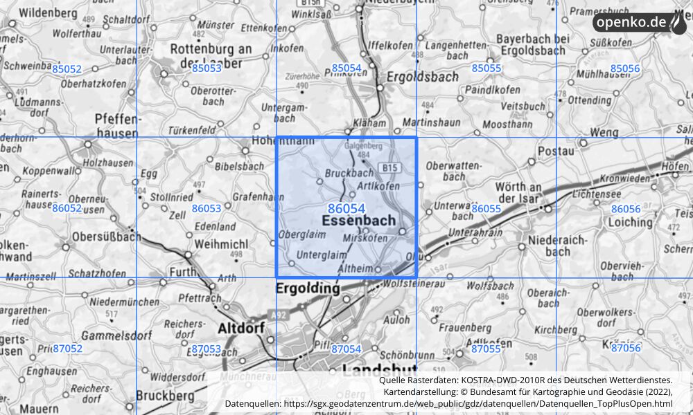 Übersichtskarte KOSTRA-DWD-2010R Rasterfeld Nr. 86054 mit angrenzenden Feldern