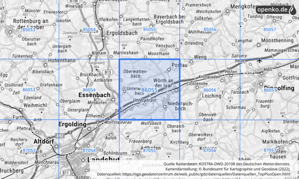 Übersichtskarte KOSTRA-DWD-2010R Rasterfeld Nr. 86055 mit angrenzenden Feldern