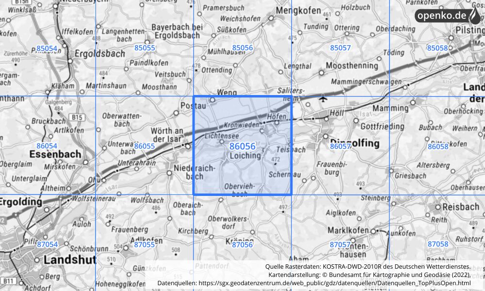 Übersichtskarte KOSTRA-DWD-2010R Rasterfeld Nr. 86056 mit angrenzenden Feldern