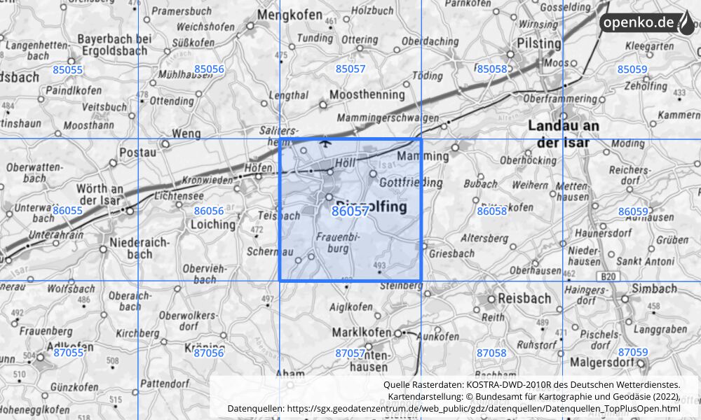 Übersichtskarte KOSTRA-DWD-2010R Rasterfeld Nr. 86057 mit angrenzenden Feldern