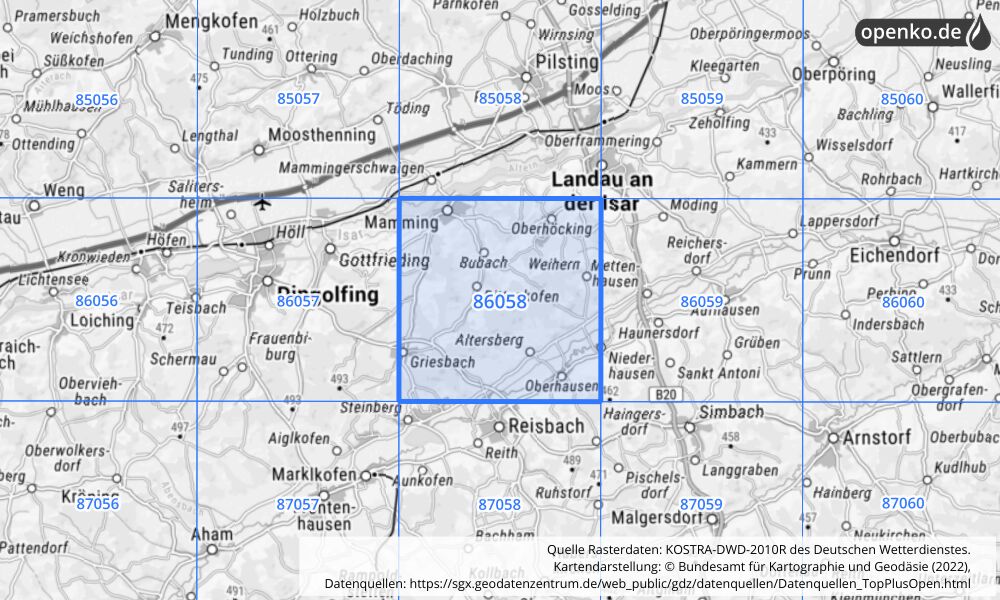 Übersichtskarte KOSTRA-DWD-2010R Rasterfeld Nr. 86058 mit angrenzenden Feldern