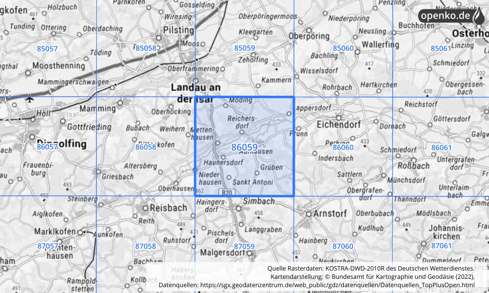 Übersichtskarte KOSTRA-DWD-2010R Rasterfeld Nr. 86059 mit angrenzenden Feldern