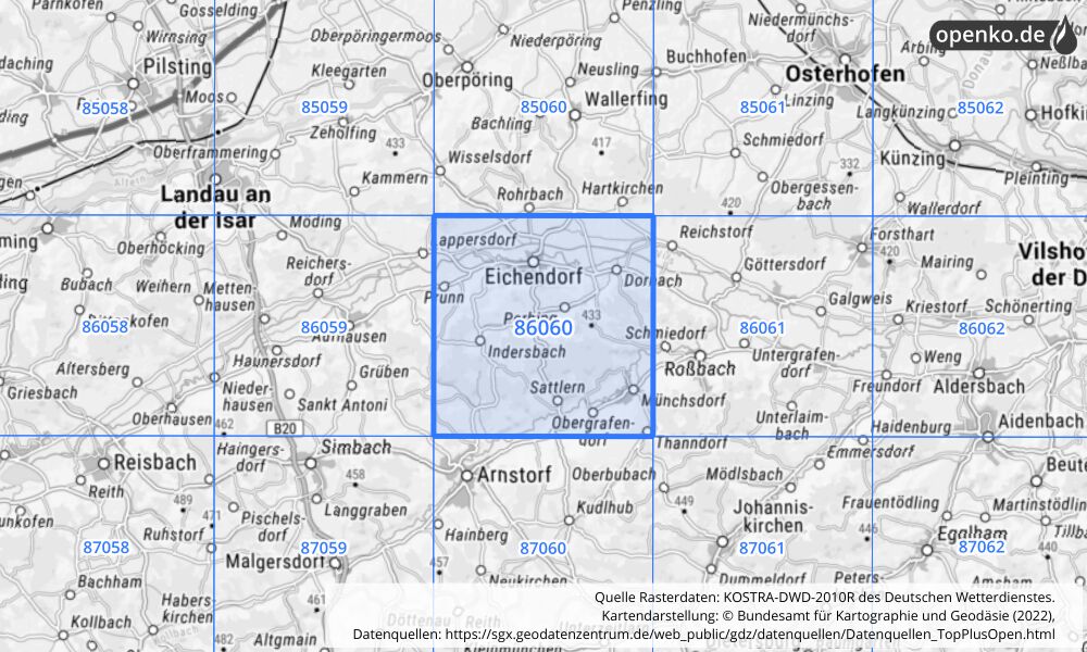 Übersichtskarte KOSTRA-DWD-2010R Rasterfeld Nr. 86060 mit angrenzenden Feldern