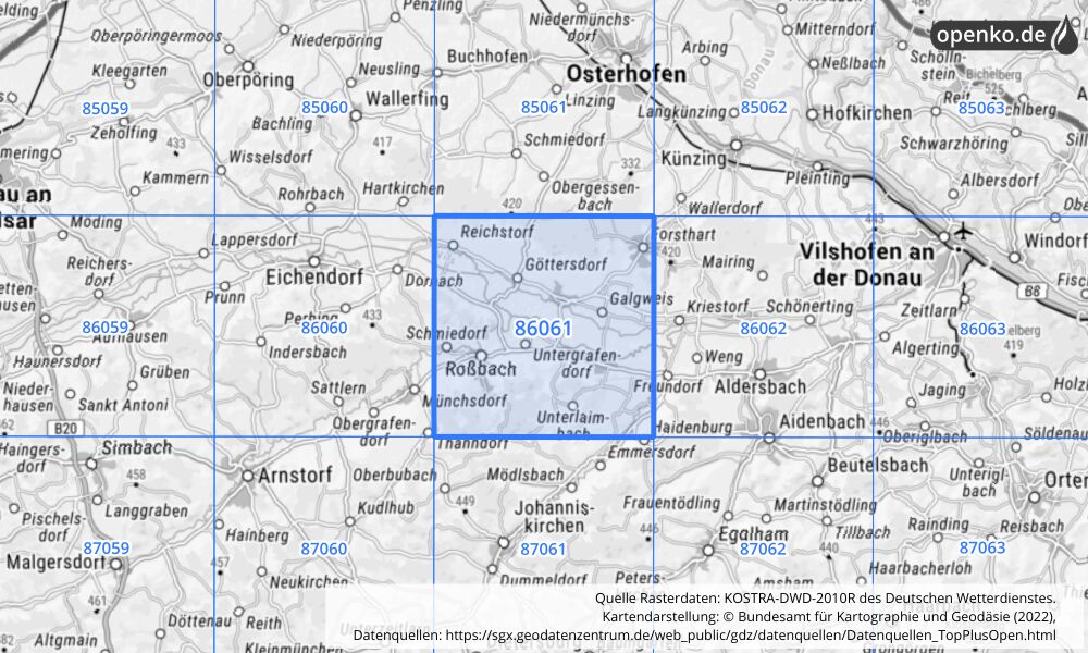 Übersichtskarte KOSTRA-DWD-2010R Rasterfeld Nr. 86061 mit angrenzenden Feldern