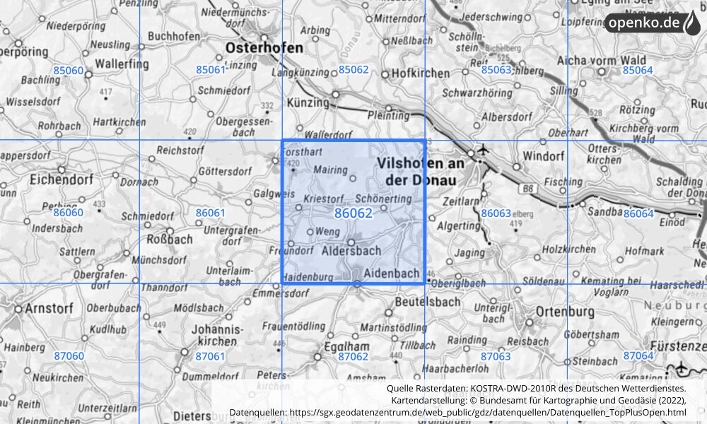 Übersichtskarte KOSTRA-DWD-2010R Rasterfeld Nr. 86062 mit angrenzenden Feldern