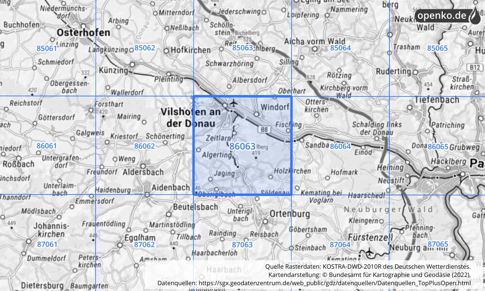 Übersichtskarte KOSTRA-DWD-2010R Rasterfeld Nr. 86063 mit angrenzenden Feldern