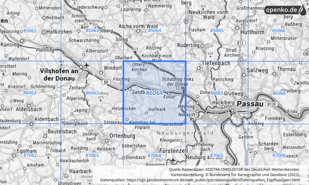 Übersichtskarte KOSTRA-DWD-2010R Rasterfeld Nr. 86064 mit angrenzenden Feldern