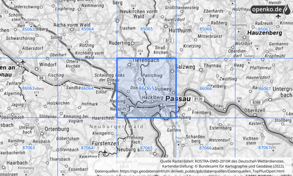 Übersichtskarte KOSTRA-DWD-2010R Rasterfeld Nr. 86065 mit angrenzenden Feldern