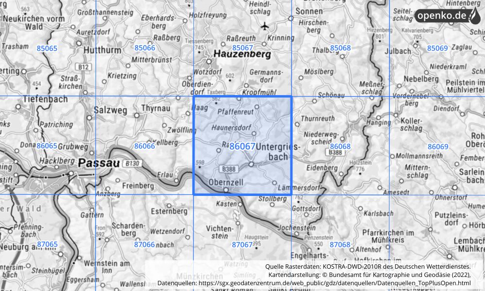 Übersichtskarte KOSTRA-DWD-2010R Rasterfeld Nr. 86067 mit angrenzenden Feldern