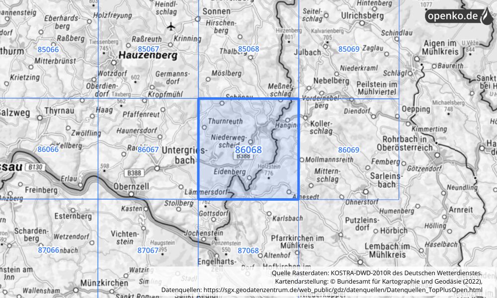 Übersichtskarte KOSTRA-DWD-2010R Rasterfeld Nr. 86068 mit angrenzenden Feldern