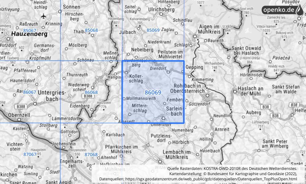 Übersichtskarte KOSTRA-DWD-2010R Rasterfeld Nr. 86069 mit angrenzenden Feldern