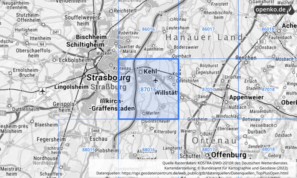 Übersichtskarte KOSTRA-DWD-2010R Rasterfeld Nr. 87016 mit angrenzenden Feldern