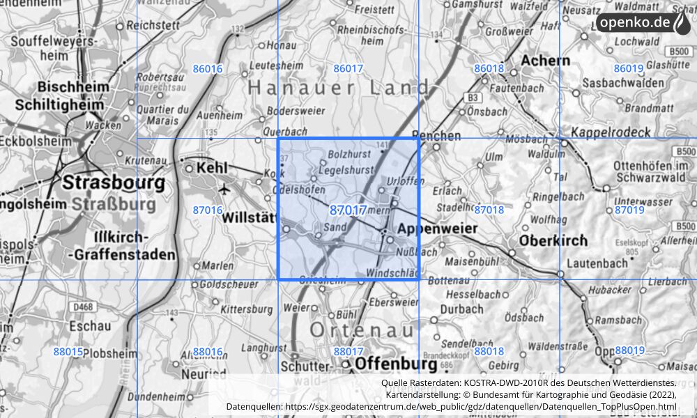 Übersichtskarte KOSTRA-DWD-2010R Rasterfeld Nr. 87017 mit angrenzenden Feldern