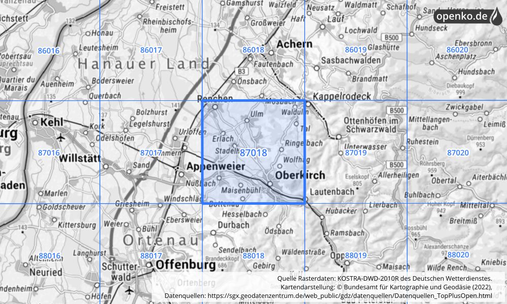 Übersichtskarte KOSTRA-DWD-2010R Rasterfeld Nr. 87018 mit angrenzenden Feldern