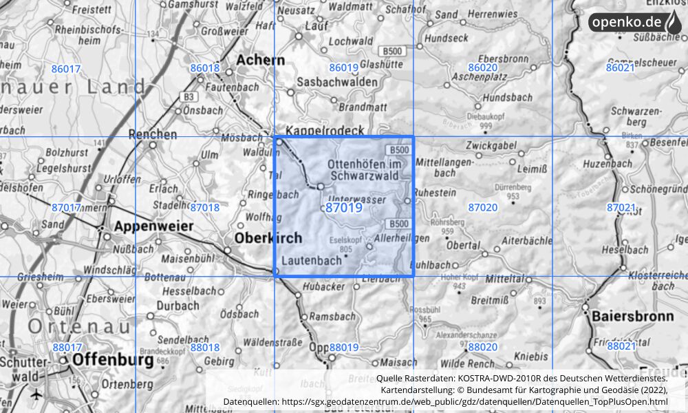 Übersichtskarte KOSTRA-DWD-2010R Rasterfeld Nr. 87019 mit angrenzenden Feldern