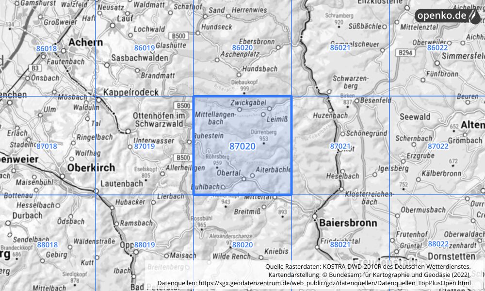 Übersichtskarte KOSTRA-DWD-2010R Rasterfeld Nr. 87020 mit angrenzenden Feldern