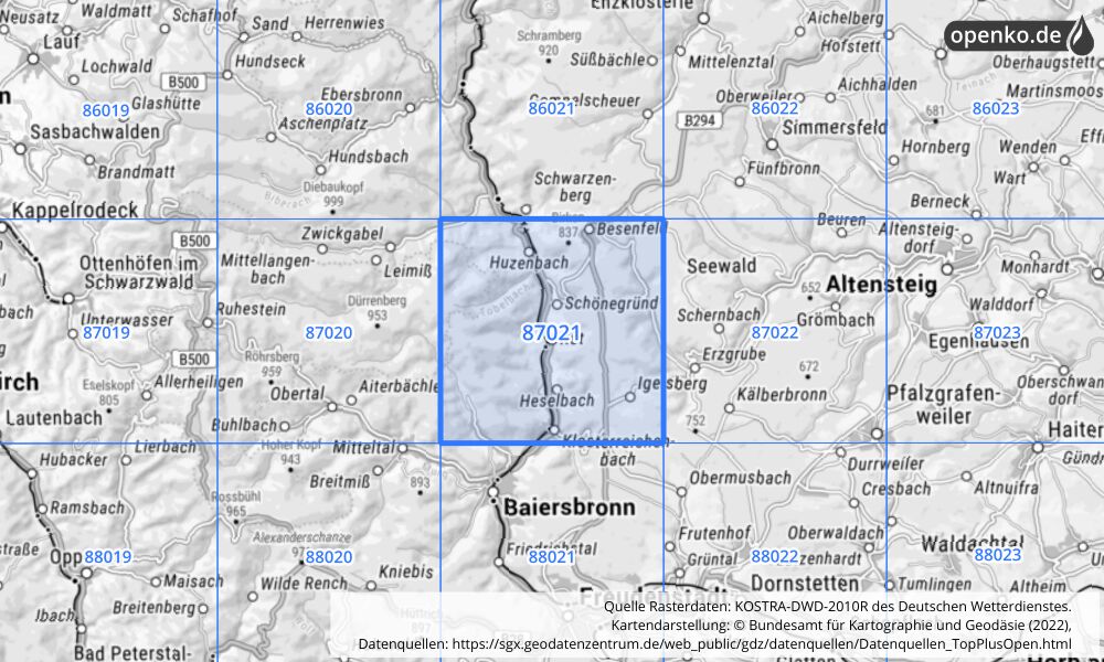 Übersichtskarte KOSTRA-DWD-2010R Rasterfeld Nr. 87021 mit angrenzenden Feldern