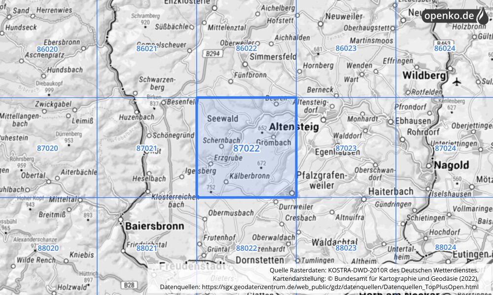 Übersichtskarte KOSTRA-DWD-2010R Rasterfeld Nr. 87022 mit angrenzenden Feldern