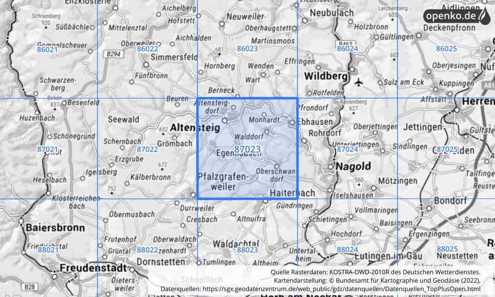 Übersichtskarte KOSTRA-DWD-2010R Rasterfeld Nr. 87023 mit angrenzenden Feldern