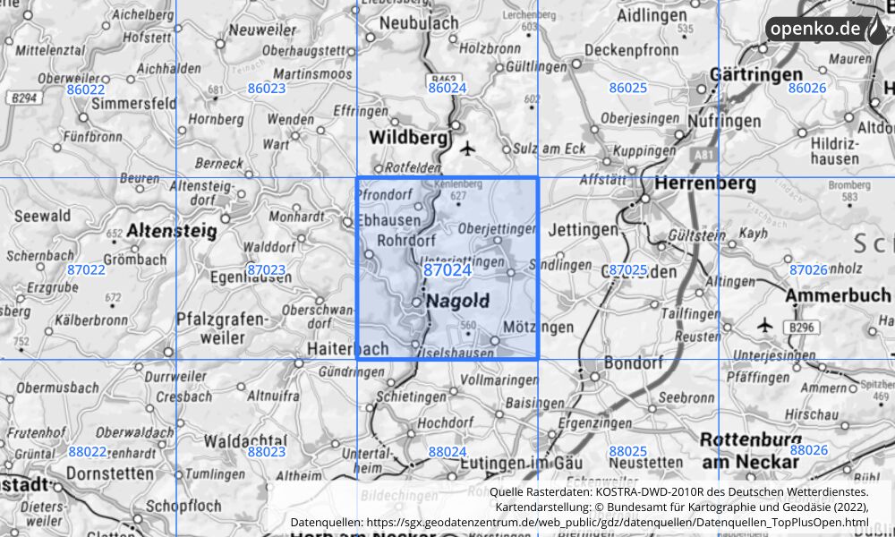 Übersichtskarte KOSTRA-DWD-2010R Rasterfeld Nr. 87024 mit angrenzenden Feldern