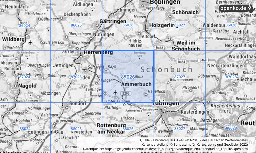 Übersichtskarte KOSTRA-DWD-2010R Rasterfeld Nr. 87026 mit angrenzenden Feldern