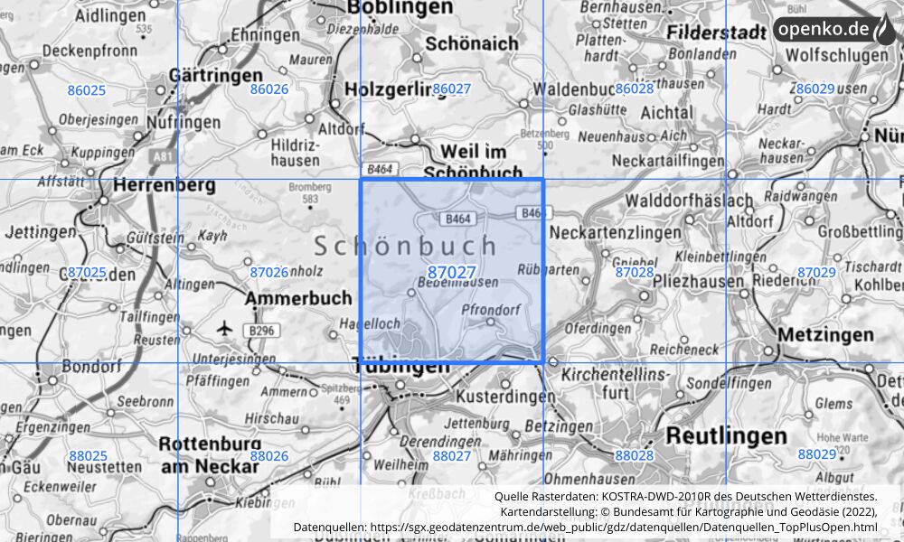 Übersichtskarte KOSTRA-DWD-2010R Rasterfeld Nr. 87027 mit angrenzenden Feldern