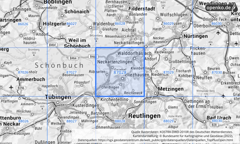 Übersichtskarte KOSTRA-DWD-2010R Rasterfeld Nr. 87028 mit angrenzenden Feldern