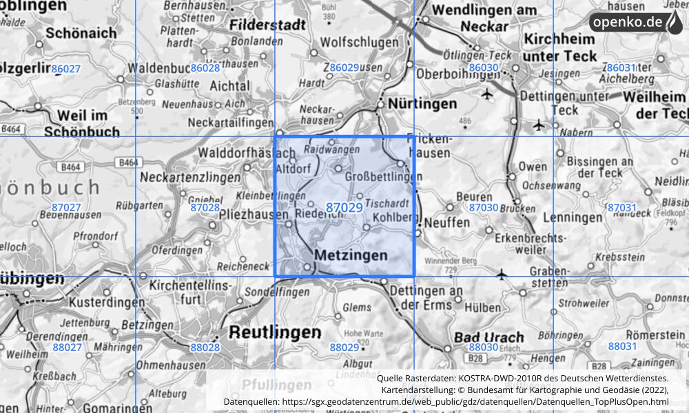 Übersichtskarte KOSTRA-DWD-2010R Rasterfeld Nr. 87029 mit angrenzenden Feldern