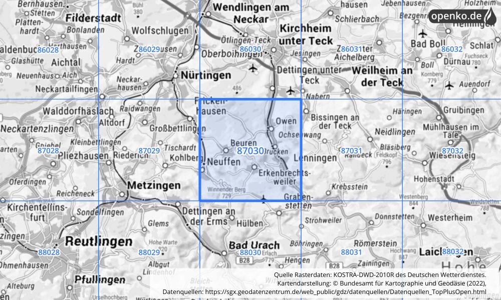 Übersichtskarte KOSTRA-DWD-2010R Rasterfeld Nr. 87030 mit angrenzenden Feldern