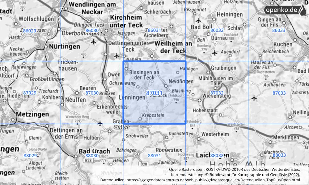 Übersichtskarte KOSTRA-DWD-2010R Rasterfeld Nr. 87031 mit angrenzenden Feldern