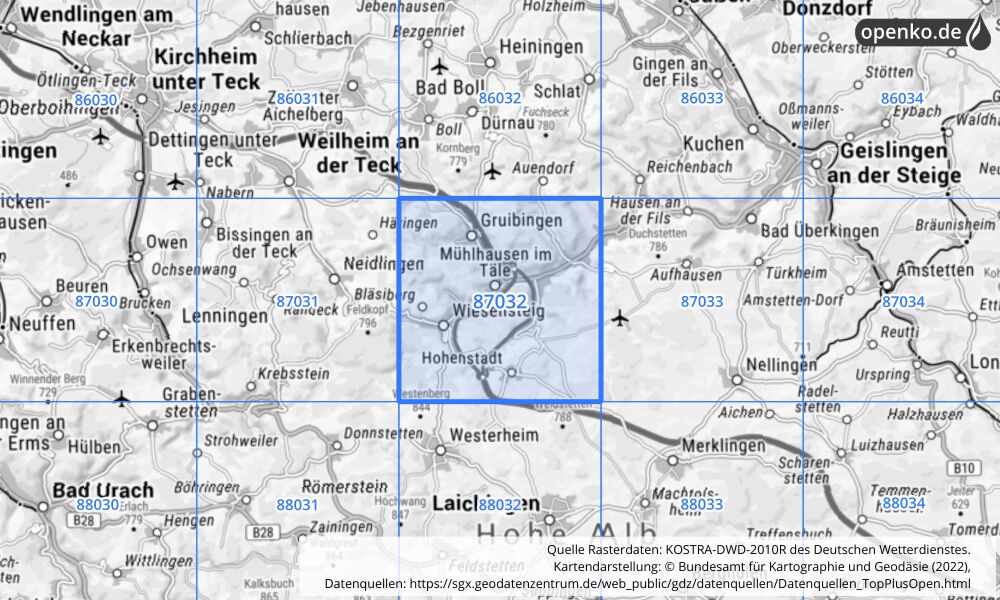 Übersichtskarte KOSTRA-DWD-2010R Rasterfeld Nr. 87032 mit angrenzenden Feldern