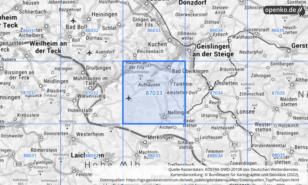 Übersichtskarte KOSTRA-DWD-2010R Rasterfeld Nr. 87033 mit angrenzenden Feldern